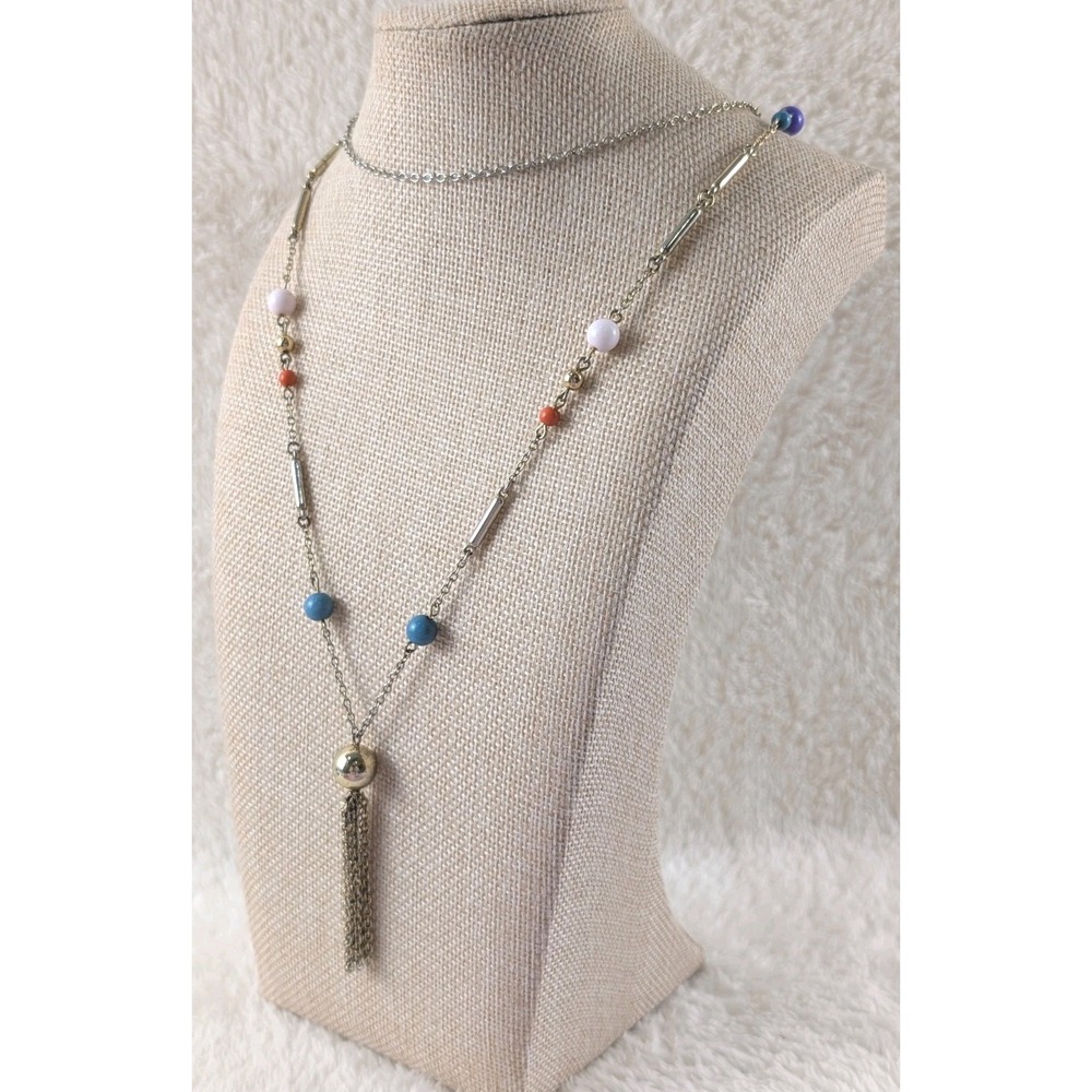 Gold-Tone Multi-Color Beaded Tassel Necklace – Long Layered Boho Statement - Picture 2 of 3